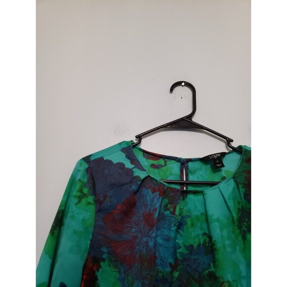 J Crew Womens M Blouse Floral Green Blue 3/4 Sleeve Tie Dye Bold Colors Satin - Picture 4 of 6